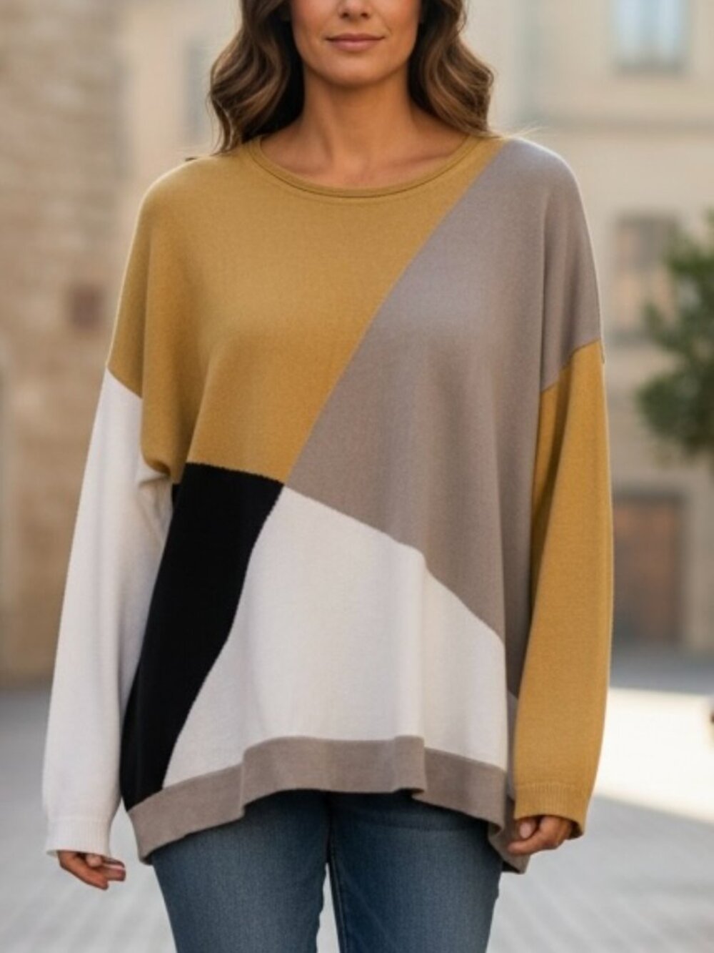 Planet by Lauren G Pima Cotton Neutral Colorblock Lightweight Sweater One Size